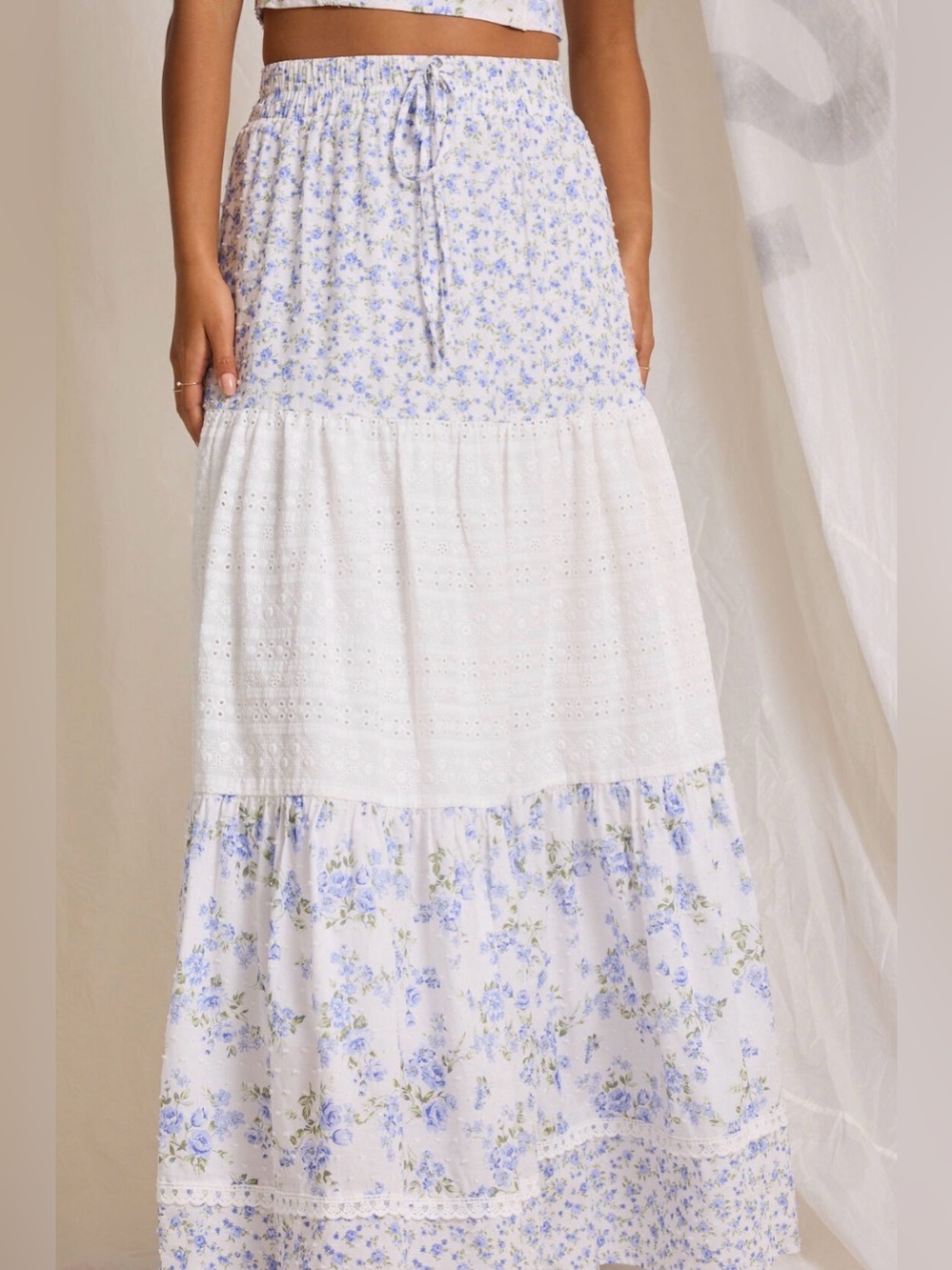 NEW Altar'd State Kairo Eyelet Maxi Skirt Blue White Floral Tiered Boho Small